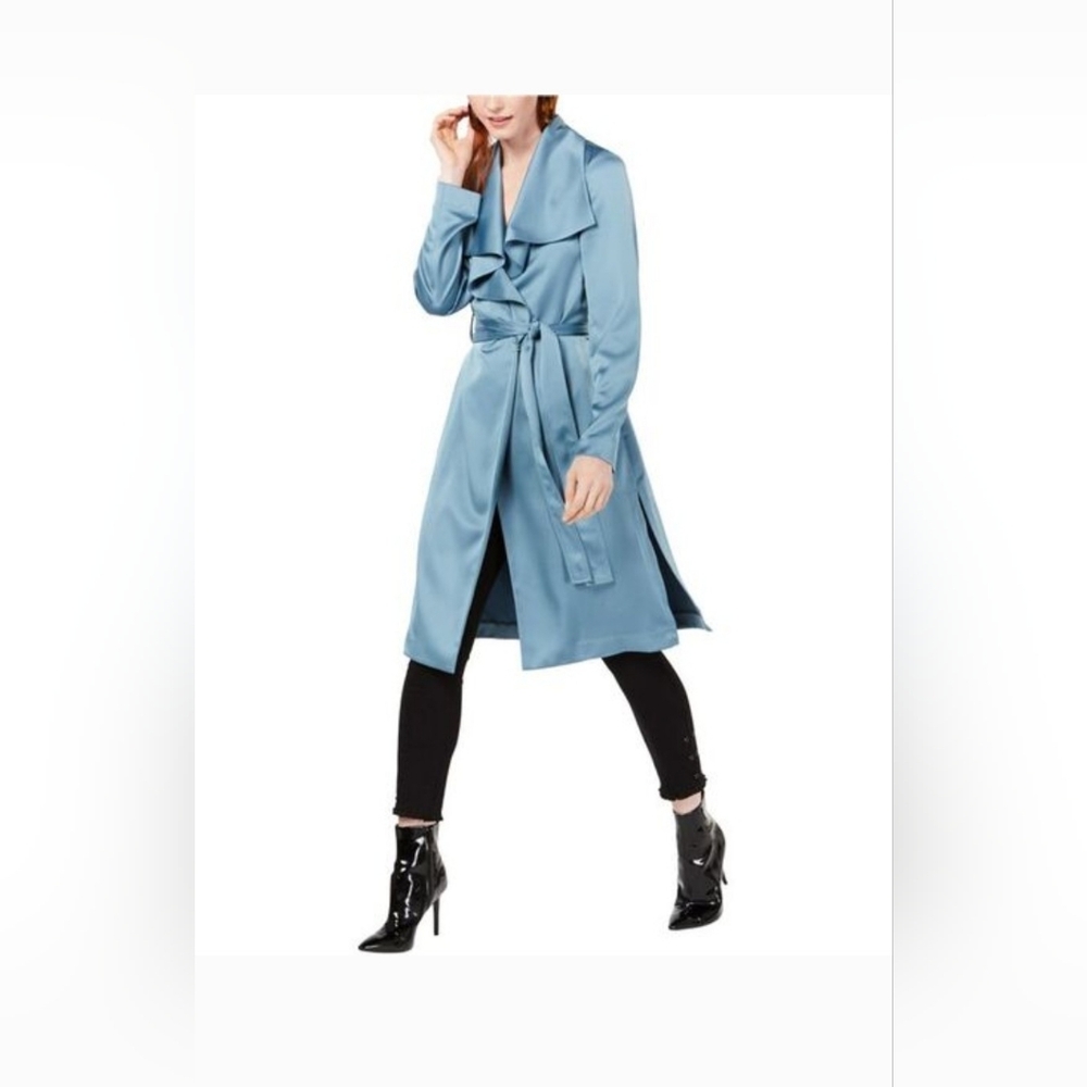 NWOT!Fall Satin Blue Belted Y2k Chic Jacket Bar III Women's Open Trench Coat XS